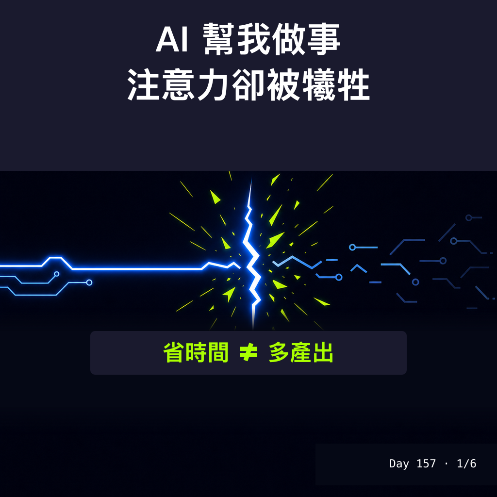 Day 157 AI 幫我做事,注意力卻被犧牲 — 投影片 1