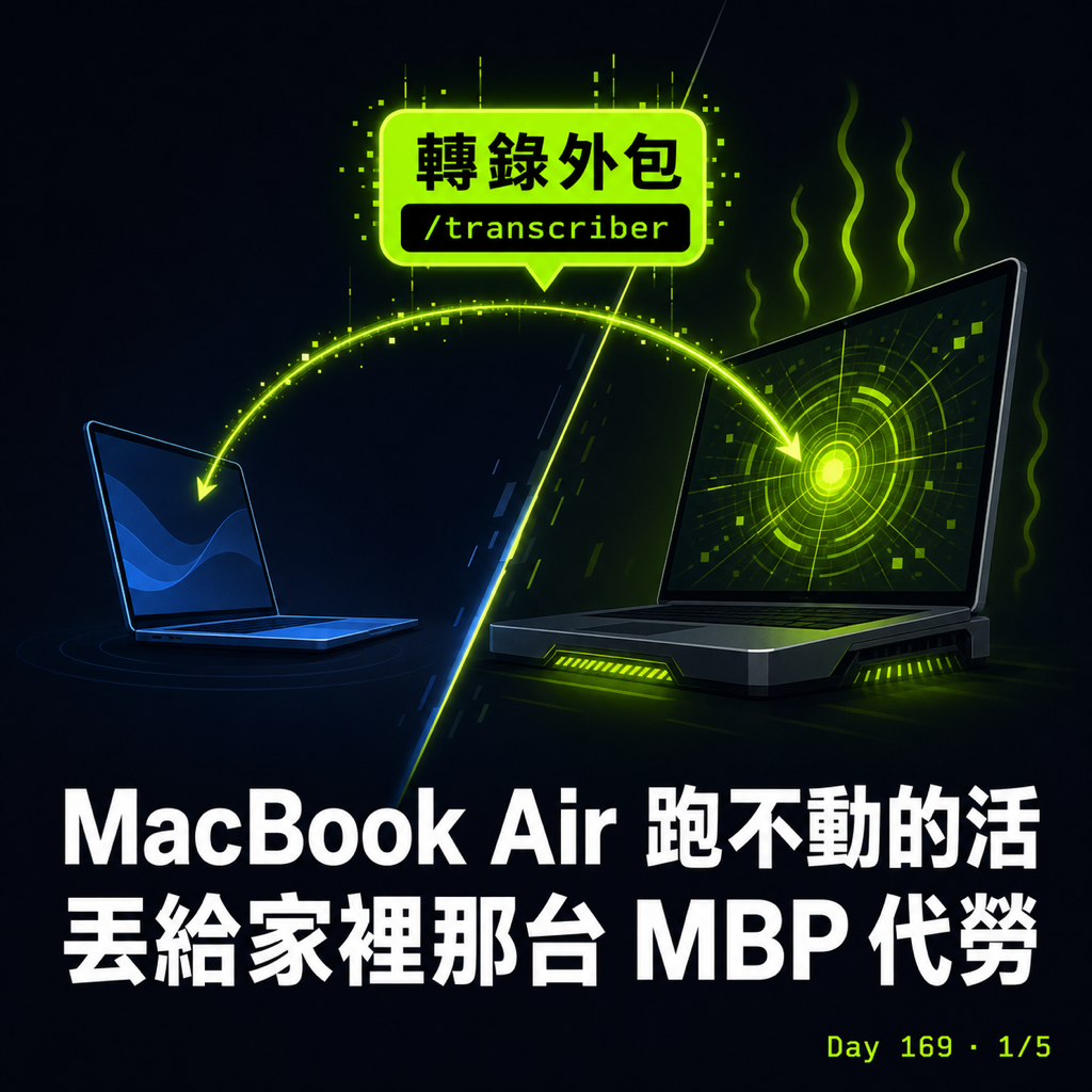 Day 169 MacBook Air 跑不動的活,我丟給家裡那台 MBP 代勞 — 投影片 1