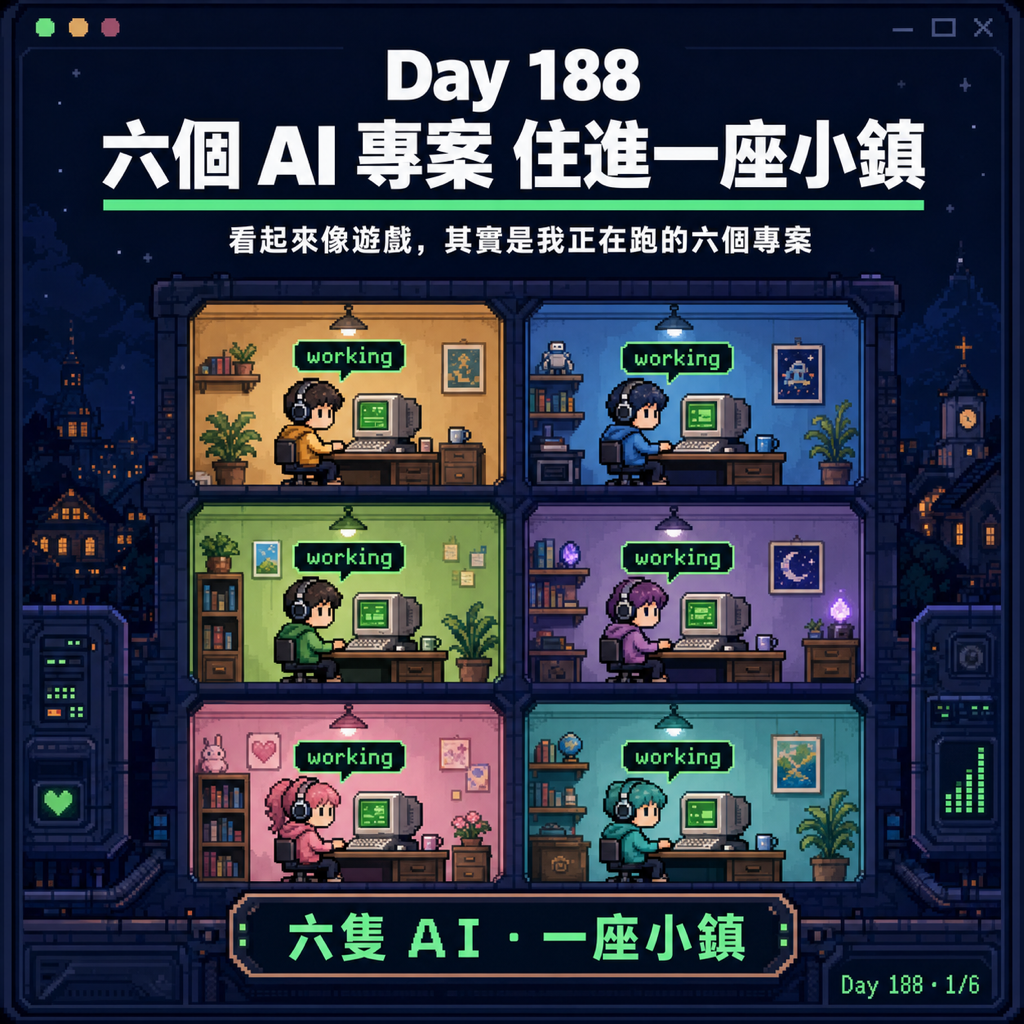 Day 188 我讓六個 AI 專案住進一座小鎮 — 投影片 1