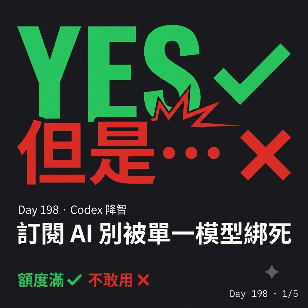 Day 198 Codex 降智 別被單一 AI 綁死 — 投影片 1