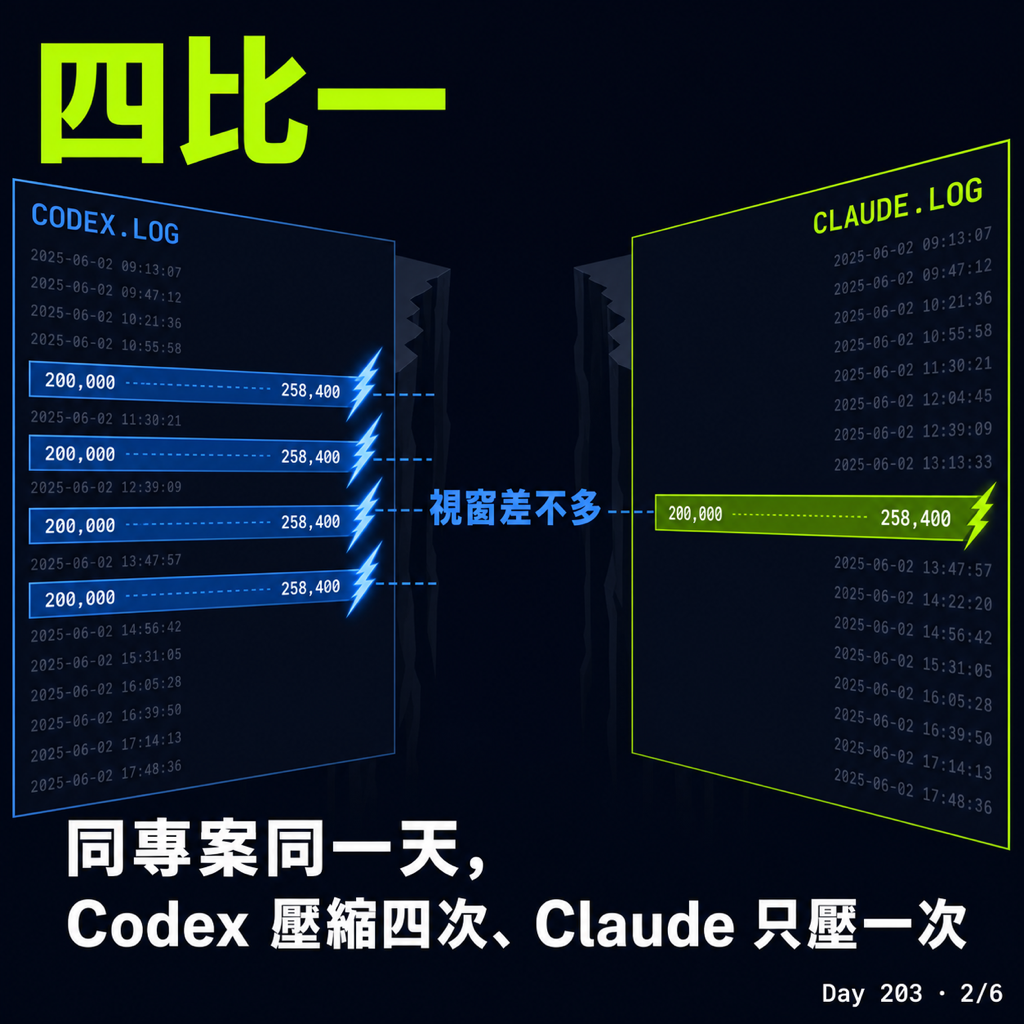 Day 203 數了 Codex 和 Claude 壓縮幾次 — 投影片 3