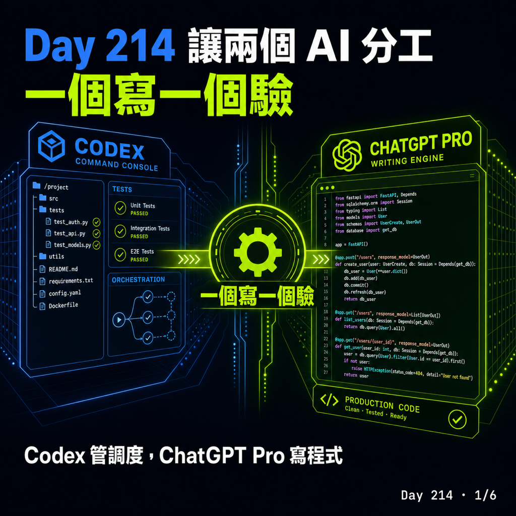 Day 214 讓兩個 AI 分工,一個寫一個驗 — 投影片 1