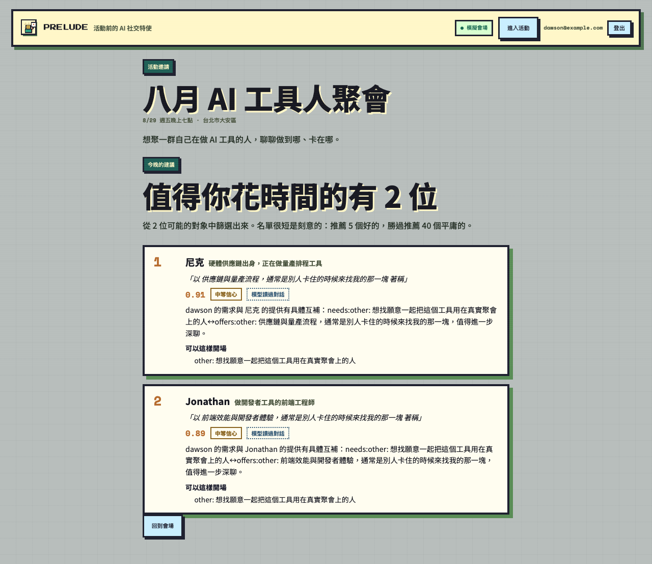 分析結果頁:「值得你花時間的有 2 位」,每位附上分數、信心、互補理由和開場白