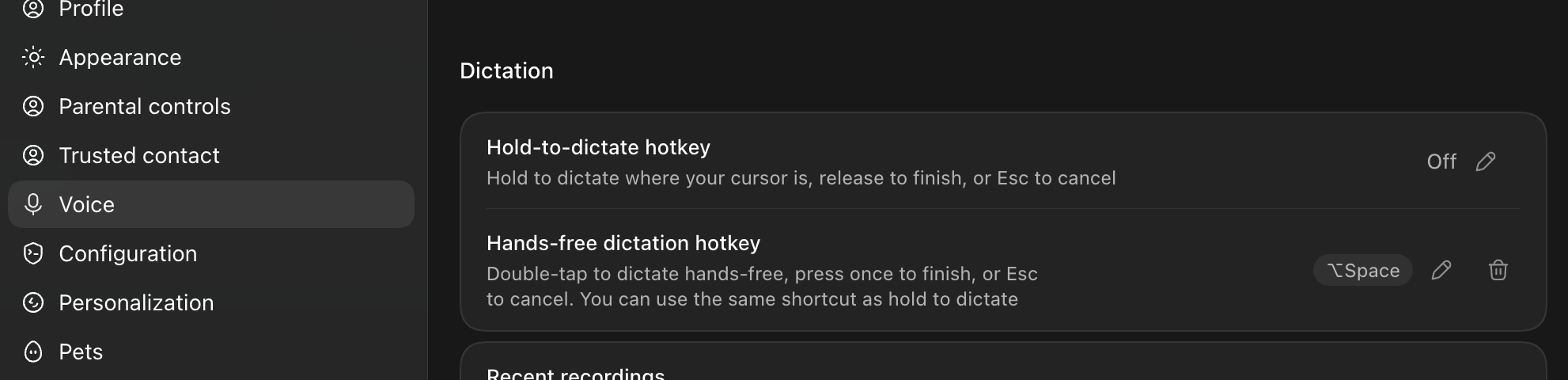 ChatGPT 桌面版設定的 Voice 分頁,Dictation 區塊有兩個熱鍵:上面的 Hold-to-dictate 顯示 Off,下面的 Hands-free dictation 綁在 ⌥Space