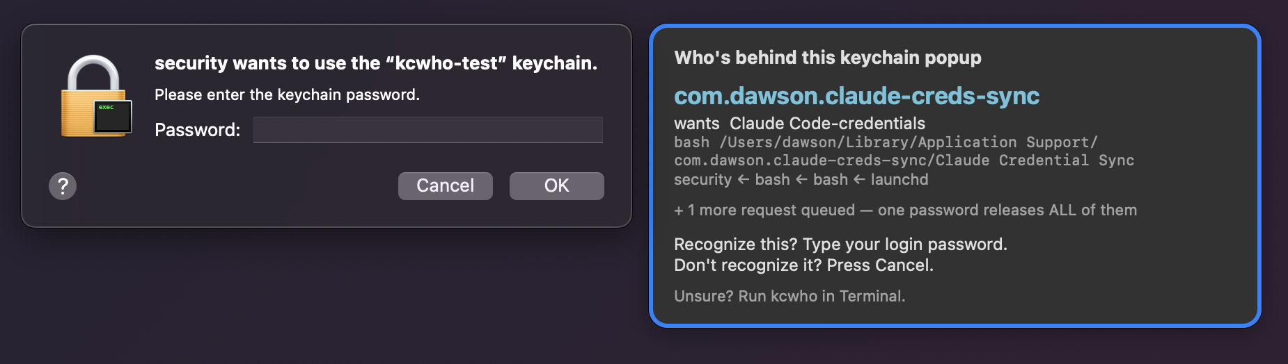 security 要求使用 kcwho-test 鑰匙圈的授權視窗旁,kcwho 藍色面板顯示請求來源 com.dawson.claude-creds-sync、要存取的項目 Claude Code-credentials,以及 security ← bash ← bash ← launchd 的呼叫路徑