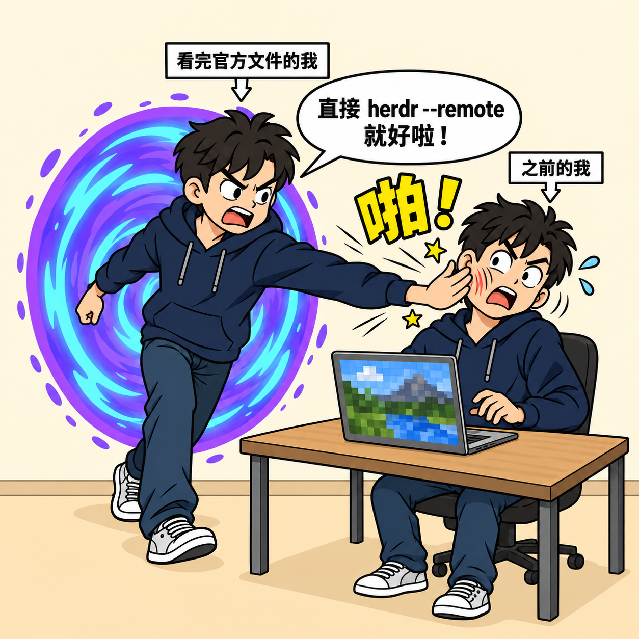 漫畫梗圖:標著「看完官方文件的我」的人從時光隧道衝出來,一巴掌打在標著「之前的我」的人臉上,旁邊一個大大的「啪!」,對話框寫著「直接 herdr --remote 就好啦!」;被打的人面前那台筆電,螢幕上是一張粗糙的馬賽克風景圖